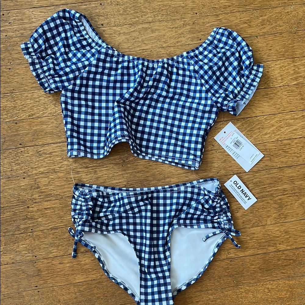 Old Navy Navy Gingham Off-Shoulder Bikini NWT girls 10/12, SO cute!